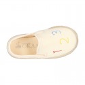 Cotton canvas kids SLIP ON Espadrille shoes with numbers and letters design and with elastic bands.