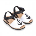 Leather kids Menorquina sandals with ANCHOR design and hook and loop strap.