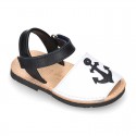 Leather kids Menorquina sandals with ANCHOR design and hook and loop strap.