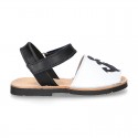 Leather kids Menorquina sandals with ANCHOR design and hook and loop strap.