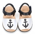 Leather kids Menorquina sandals with ANCHOR design and hook and loop strap.