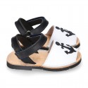 Leather kids Menorquina sandals with ANCHOR design and hook and loop strap.