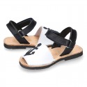 Leather kids Menorquina sandals with ANCHOR design and hook and loop strap.