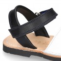 Leather kids Menorquina sandals with ANCHOR design and hook and loop strap.