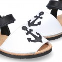 Leather kids Menorquina sandals with ANCHOR design and hook and loop strap.