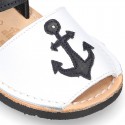 Leather kids Menorquina sandals with ANCHOR design and hook and loop strap.