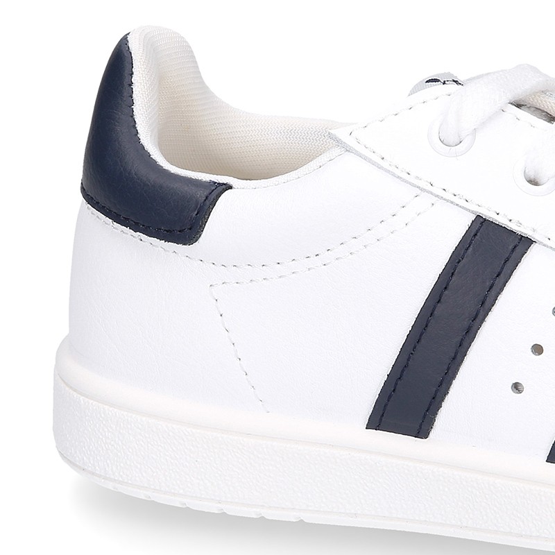 Washable leather school tennis shoes with shoelaces and