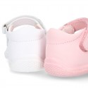 Washable leather sandals with big bow and hook and loop strap for little girls.