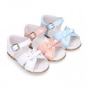 New patent leather sandals with ribbon for little girls.