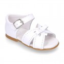 New patent leather sandals with ribbon for little girls.