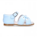 New patent leather sandals with ribbon for little girls.