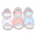 New patent leather sandals with ribbon for little girls.