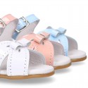 New patent leather sandals with ribbon for little girls.