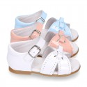 New patent leather sandals with ribbon for little girls.