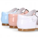 New patent leather sandals with ribbon for little girls.