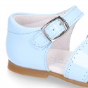 New patent leather sandals with ribbon for little girls.