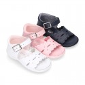 Washable leather sandals for little girls with waves design and SUPER FLEXIBLE soles.