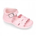 Washable leather sandals for little girls with waves design and SUPER FLEXIBLE soles.