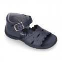 Washable leather sandals for little girls with waves design and SUPER FLEXIBLE soles.