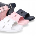 Washable leather sandals for little girls with waves design and SUPER FLEXIBLE soles.