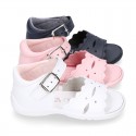 Washable leather sandals for little girls with waves design and SUPER FLEXIBLE soles.