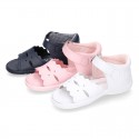 Washable leather sandals for little girls with waves design and SUPER FLEXIBLE soles.