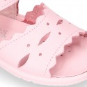 Washable leather sandals for little girls with waves design and SUPER FLEXIBLE soles.