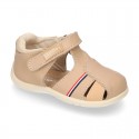 Combined Washable leather sandals with hook and loop strap.