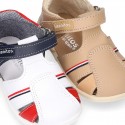 Combined Washable leather sandals with hook and loop strap.