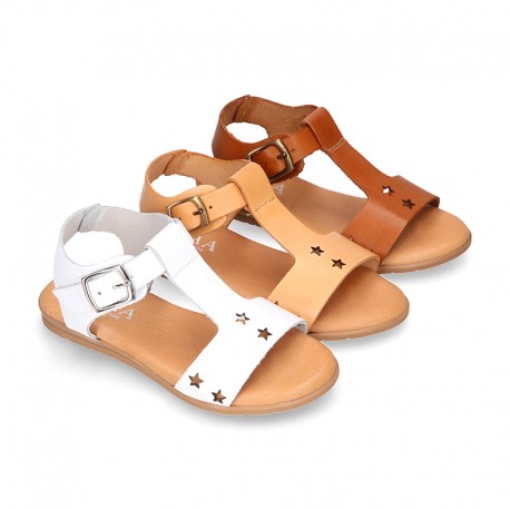 T-Strap Leather Sandal shoes with STARS design for toddler girls.