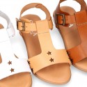 T-Strap Leather Sandal shoes with STARS design for toddler girls.