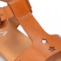 T-Strap Leather Sandal shoes with STARS design for toddler girls.