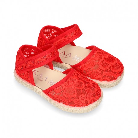 RED Lace canvas Baby espadrille shoes.