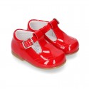 Classic T-strap shoes in RED patent leather.