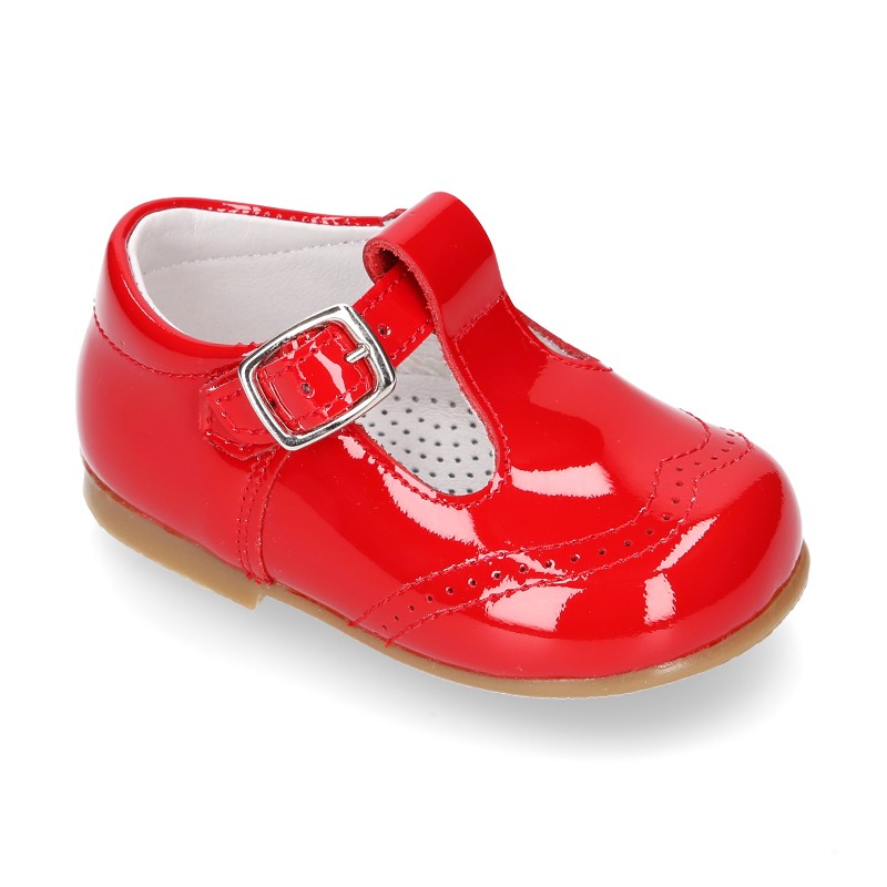 Classic T-strap shoes in RED patent leather.