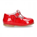 Classic T-strap shoes in RED patent leather.