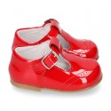 Classic T-strap shoes in RED patent leather.