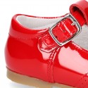 Classic T-strap shoes in RED patent leather.