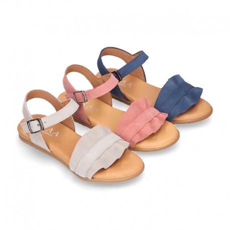 Suede Leather Sandal shoes with Waves design for toddler girls.