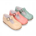 Kids T-Strap shoes with buckle fastening in soft nappa leather in seasonal colors.