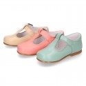 Kids T-Strap shoes with buckle fastening in soft nappa leather in seasonal colors.