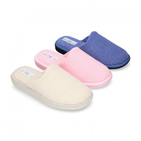 Terry cloth Home shoes with open heel design.