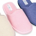 Terry cloth Home shoes with open heel design.