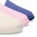 Terry cloth Home shoes with open heel design.