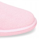 Terry cloth Home shoes with open heel design.