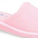 Terry cloth Home shoes with open heel design.