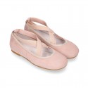 SOFT SUEDE leather Girl Ballet flat shoes dancer style with elastic bands.