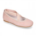 SOFT SUEDE leather Girl Ballet flat shoes dancer style with elastic bands.