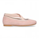 SOFT SUEDE leather Girl Ballet flat shoes dancer style with elastic bands.