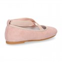 SOFT SUEDE leather Girl Ballet flat shoes dancer style with elastic bands.